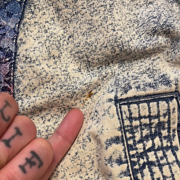 Vintage Acid Wash Denim Tie Dye Lace Quilted Puffer Stand Collar Jacket - Picture 8 of 12